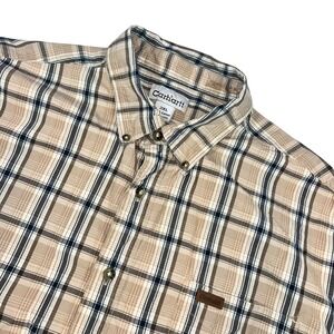 Carhartt Mens 2XL Plaid Button Up Short Sleeve Shirt Beige Blue Cotton